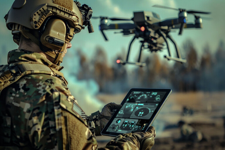 Image of a soldier using a tablet to control a military drone in a combat zone