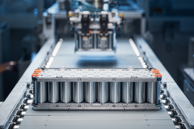 battery cell pack on conveyor