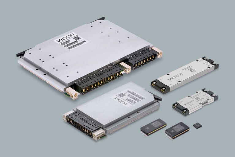 Image of Vicor defense products including 3U VITA 62, 6U VITA 62, DCM5614, DCM3414, DCM4623 and ZVS Buck Regulator
