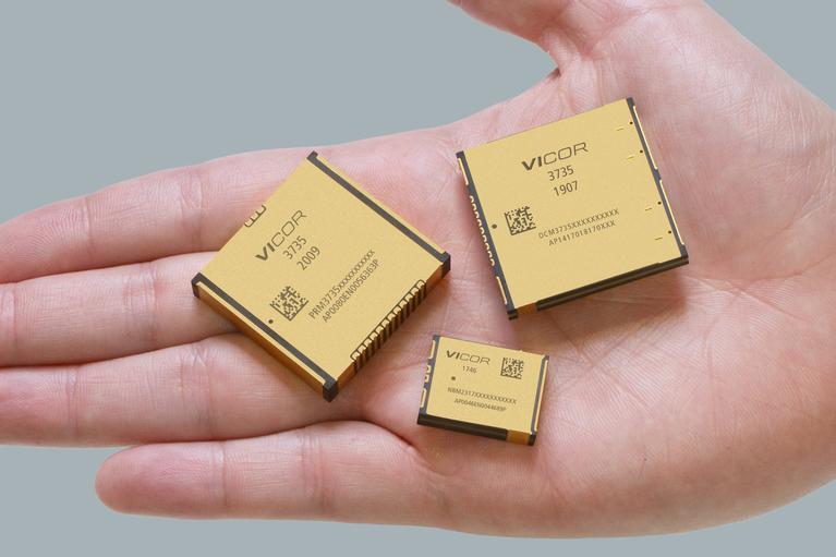 Vicor PRM3735, DCM3735 and PRM3735 products in hand image
