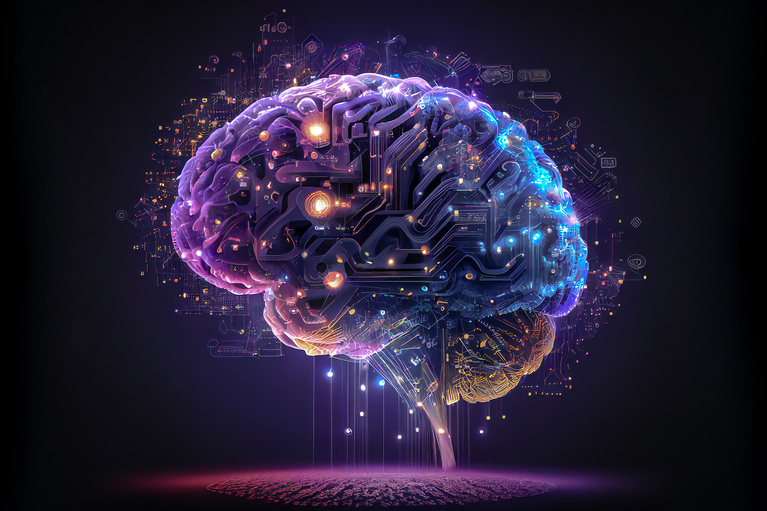 Human brain showing intelligent thinking processing through AI