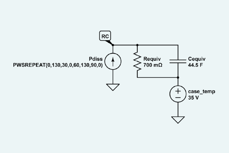 BCM6135 thermal model equivalent electrical circuit assumes package top and bottom cooling with an equivalent thermal resistance of 0.7°C/W and case temperature of 35°C image