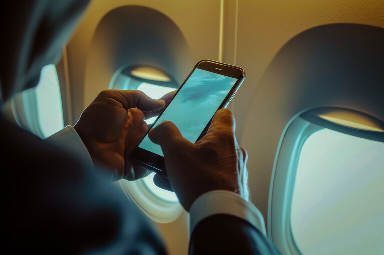 Image of a person using a cell phone while in flight on an airplane