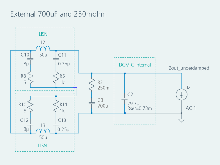 Simulation schematics for the input impedance with a 700µF external capacitor with 250mΩ damping resistor and no impedance separation image